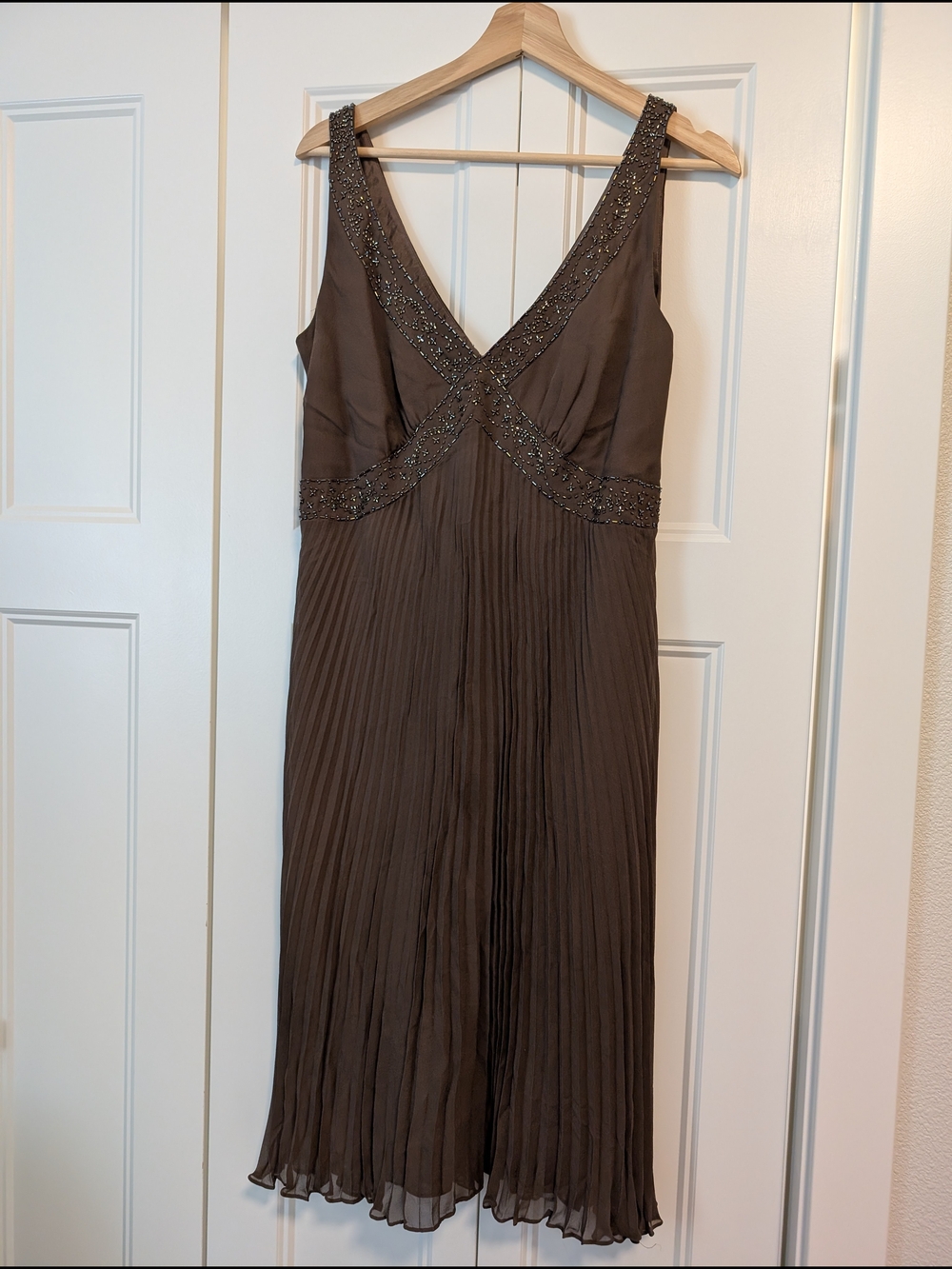 Jones New York Brown Beaded V-Neck Layered Dress